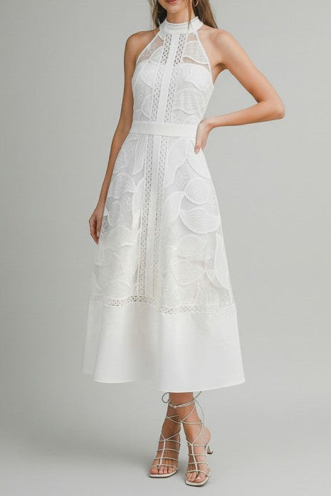 High Neck Lace Midi Dress