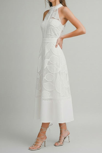High Neck Lace Midi Dress