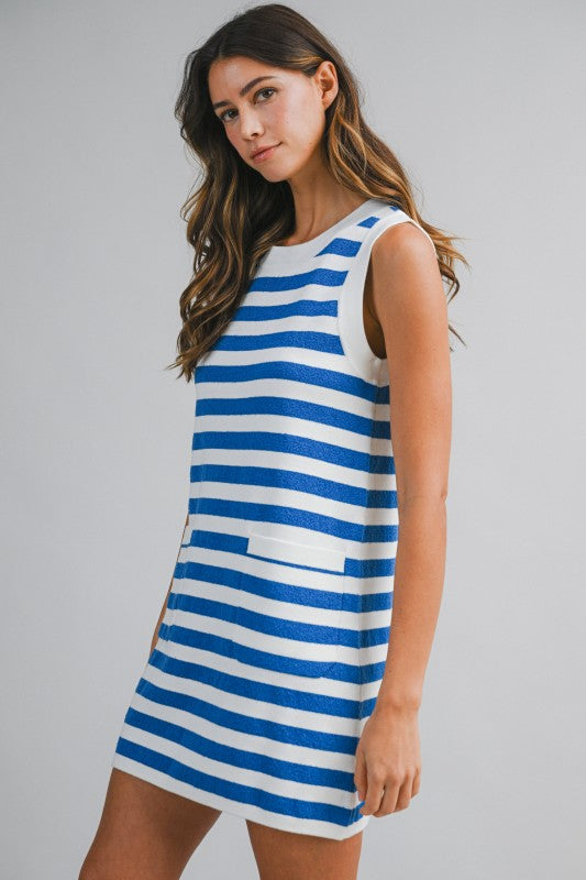 Striped Sleeveless Knit Mini Dress With Pockets