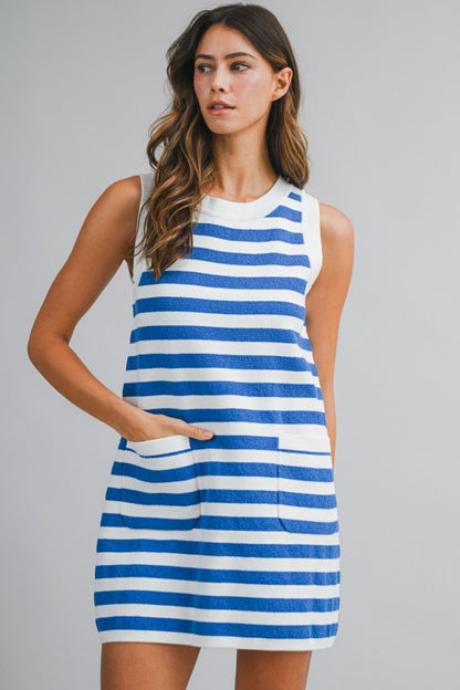 Striped Sleeveless Knit Mini Dress With Pockets