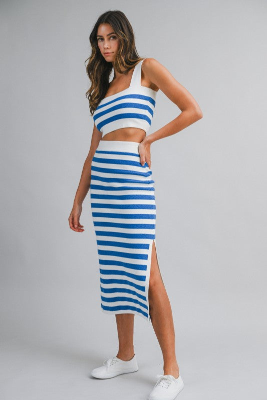 Stripe Sleeveless Knit Crop Top And Midi Skirt Set