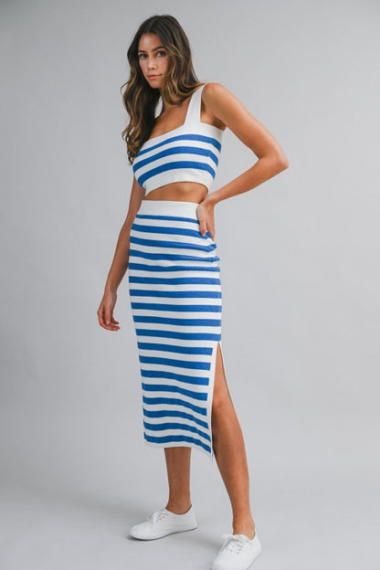 Stripe Sleeveless Knit Crop Top And Midi Skirt Set