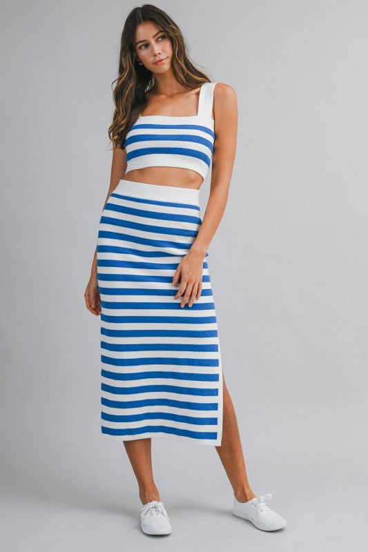 Stripe Sleeveless Knit Crop Top And Midi Skirt Set