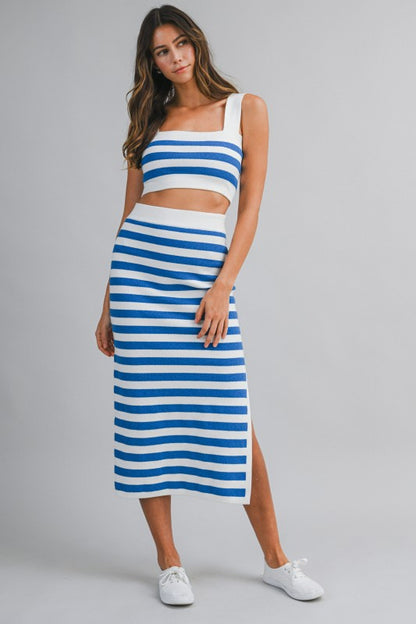 Stripe Sleeveless Knit Crop Top And Midi Skirt Set