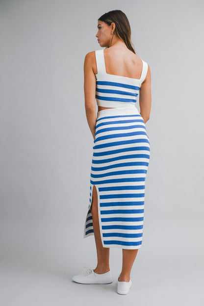 Stripe Sleeveless Knit Crop Top And Midi Skirt Set