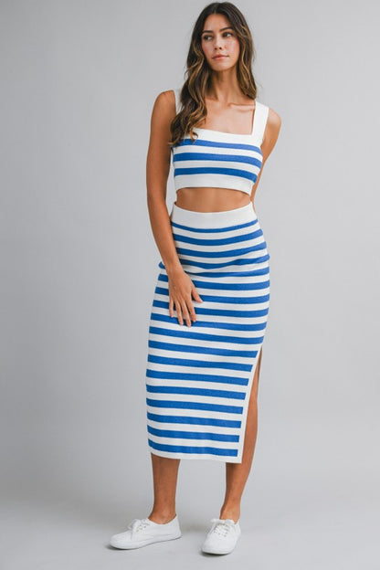 Stripe Sleeveless Knit Crop Top And Midi Skirt Set