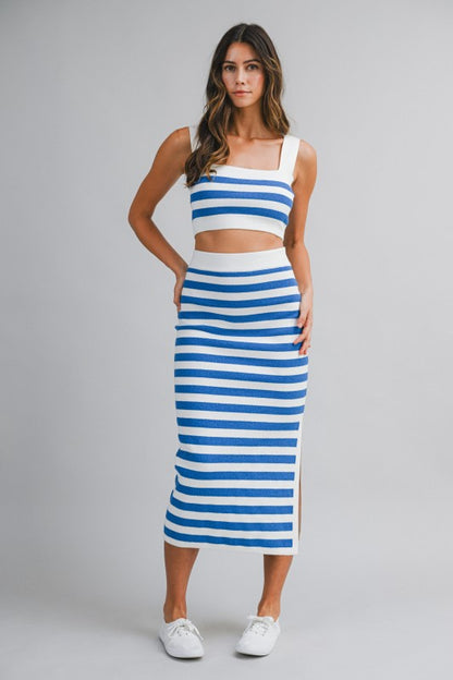Stripe Sleeveless Knit Crop Top And Midi Skirt Set