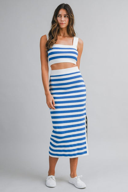 Stripe Sleeveless Knit Crop Top And Midi Skirt Set