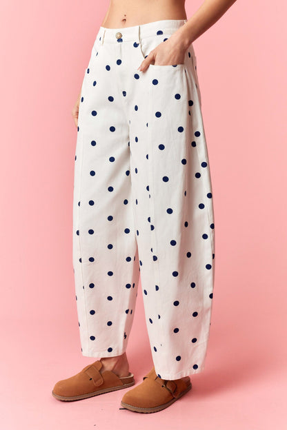 Polka Dot Printed Wide Denim Pants