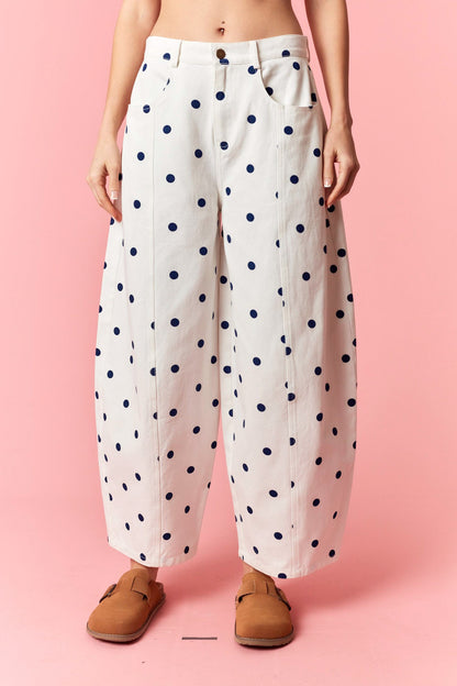 Polka Dot Printed Wide Denim Pants