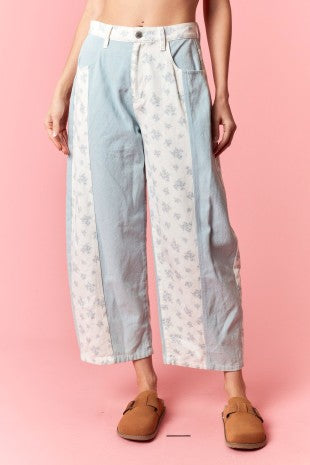 Ditsy Floral & Color Block Twill Denim Pants