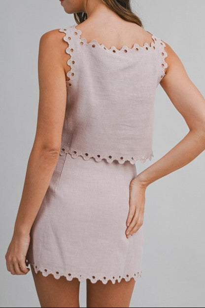 Linen Mix Scalloped Cut Out Trim Top And Skirt Set