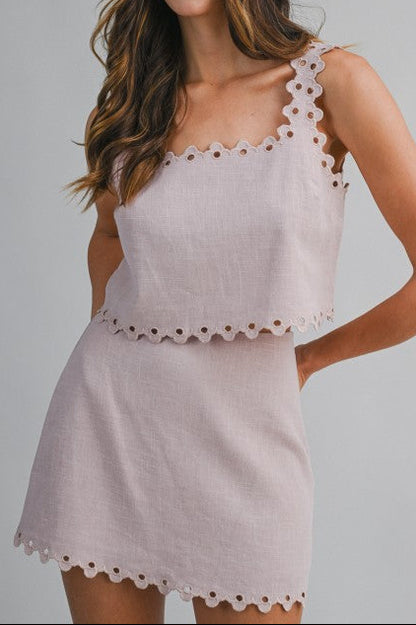 Linen Mix Scalloped Cut Out Trim Top And Skirt Set