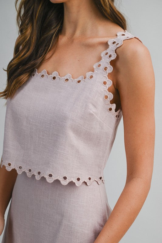 Linen Mix Scalloped Cut Out Trim Top And Skirt Set