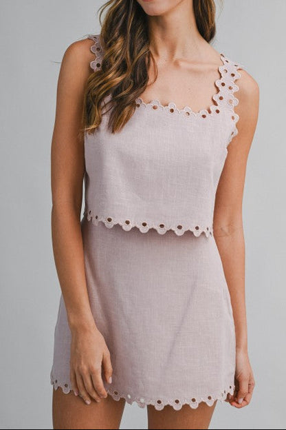Linen Mix Scalloped Cut Out Trim Top And Skirt Set