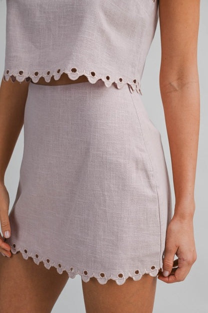 Linen Mix Scalloped Cut Out Trim Top And Skirt Set