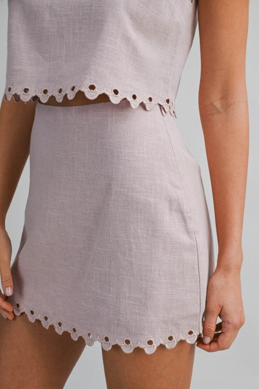Linen Mix Scalloped Cut Out Trim Top And Skirt Set