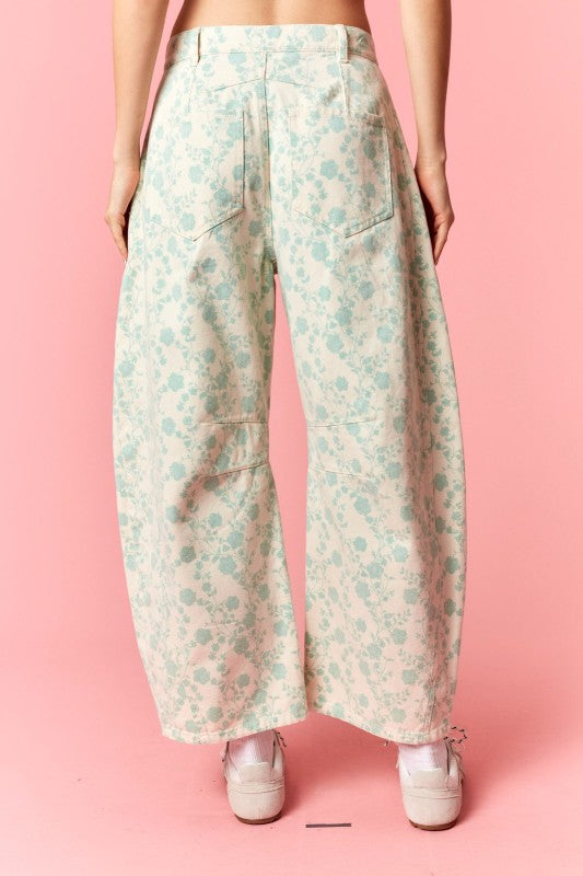 Floral Printed Twill Barrel Pants
