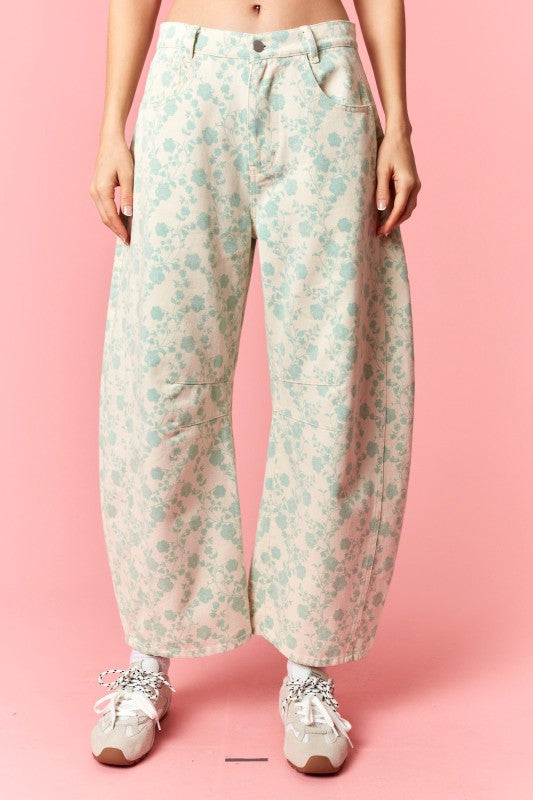 Floral Printed Twill Barrel Pants