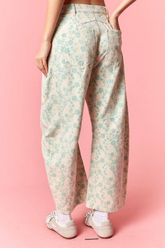 Floral Printed Twill Barrel Pants