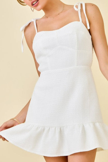 Tweed Dress With Ruffle Hem & Shoulder Tie Straps