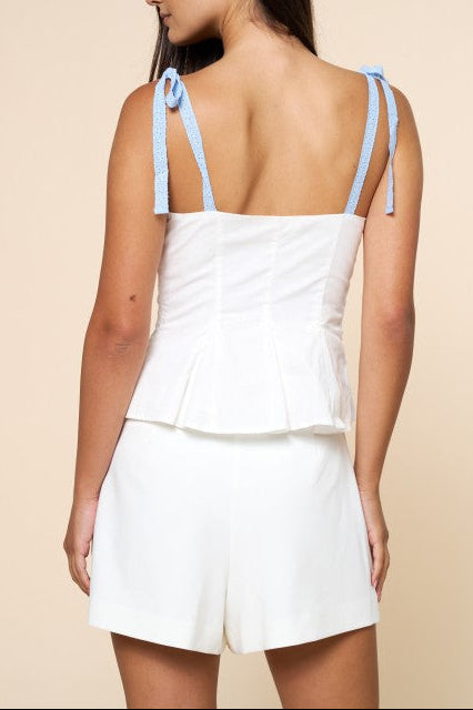 Eyelet Contrast Shoulder Tie Strap Peplum Blouse