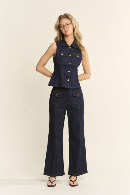 Button Down Pocket Detail Top & Pants Set