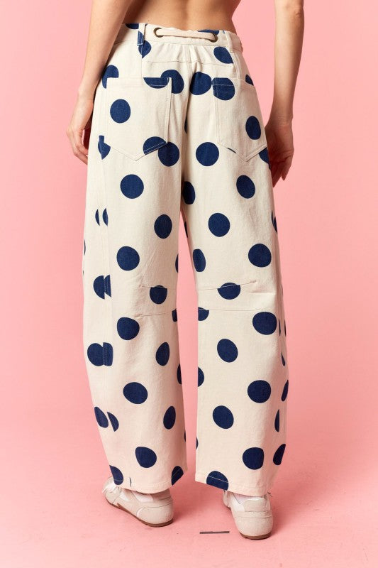 Eyelet Belt Tie Polka Dot Denim Barrel Pants