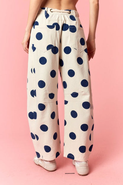 Eyelet Belt Tie Polka Dot Denim Barrel Pants