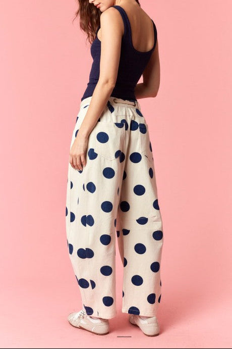 Eyelet Belt Tie Polka Dot Denim Barrel Pants