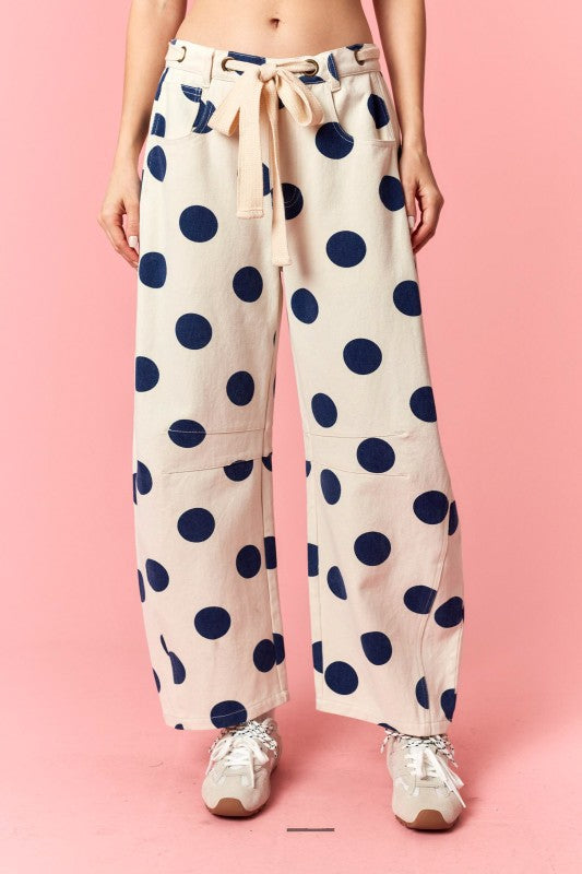 Eyelet Belt Tie Polka Dot Denim Barrel Pants
