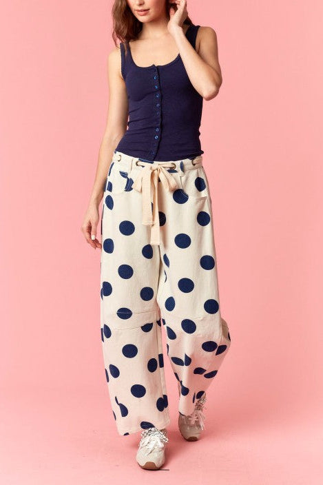 Eyelet Belt Tie Polka Dot Denim Barrel Pants
