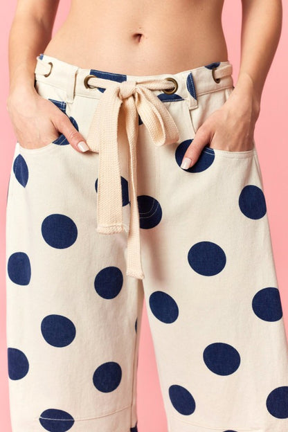 Eyelet Belt Tie Polka Dot Denim Barrel Pants