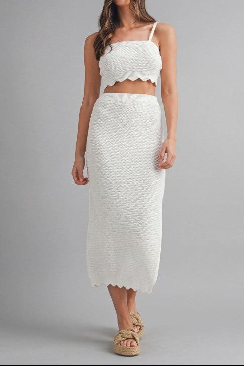 Scallop Hem Crop Knit Top And Midi Skirt Set