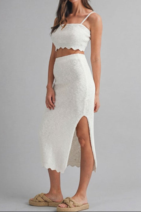 Scallop Hem Crop Knit Top And Midi Skirt Set
