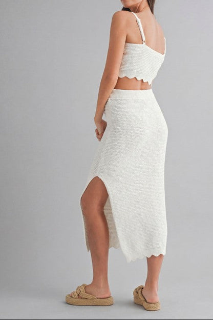 Scallop Hem Crop Knit Top And Midi Skirt Set