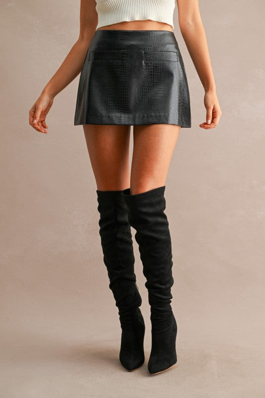 High-Waisted Crocodile-Embossed Faux Leather Mini Skort