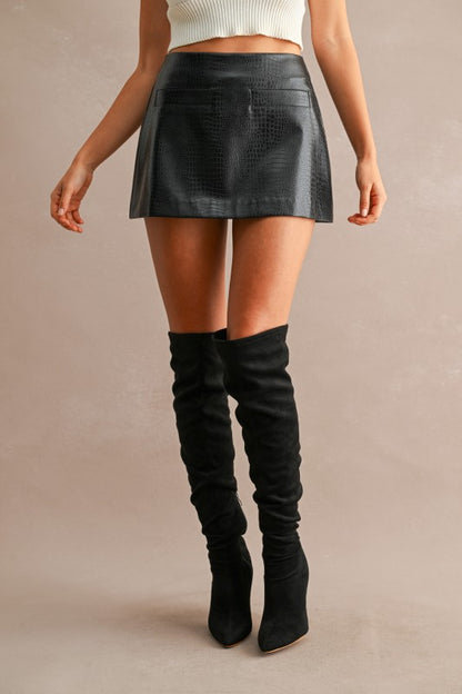 High-Waisted Crocodile-Embossed Faux Leather Mini Skort