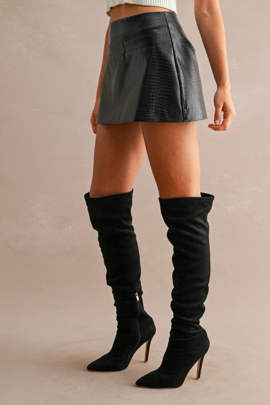 High-Waisted Crocodile-Embossed Faux Leather Mini Skort