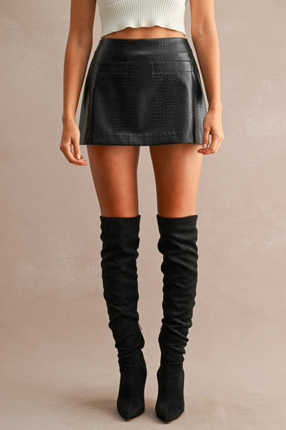High-Waisted Crocodile-Embossed Faux Leather Mini Skort