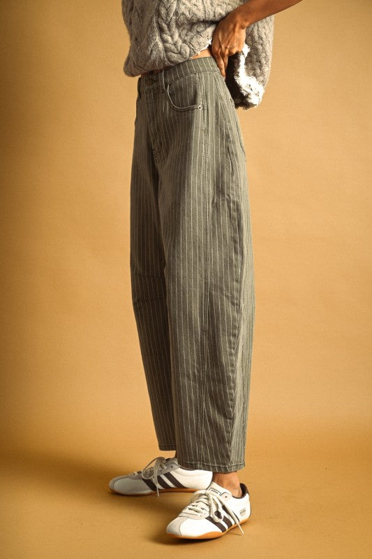Pinstriped Pattern Olive Barrel Pants