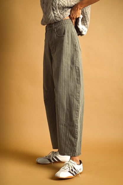 Pinstriped Pattern Olive Barrel Pants
