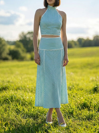 Stripe Halter Crop Top & Midi Skirt Set