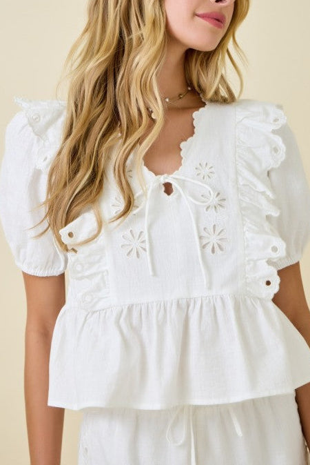 Eyelet Flower Embroidered Tie Front Blouse Top