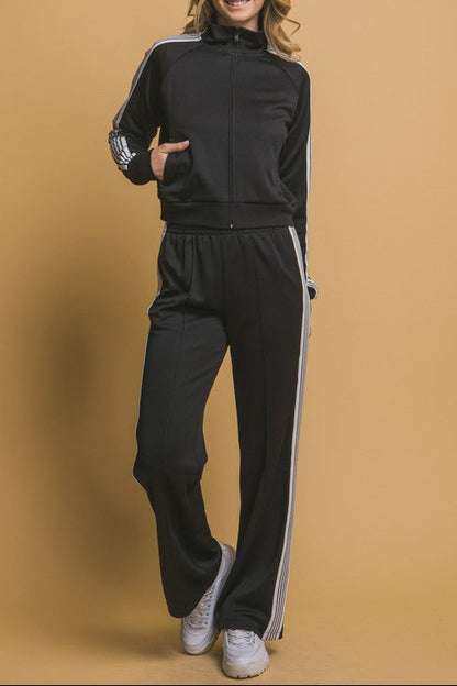 Trendy Side Stripe Jacket And Pants Set