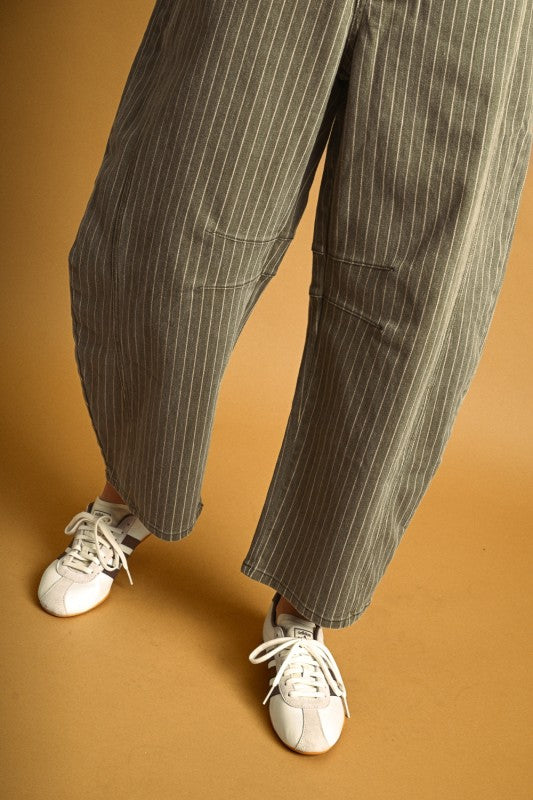 Pinstriped Pattern Olive Barrel Pants