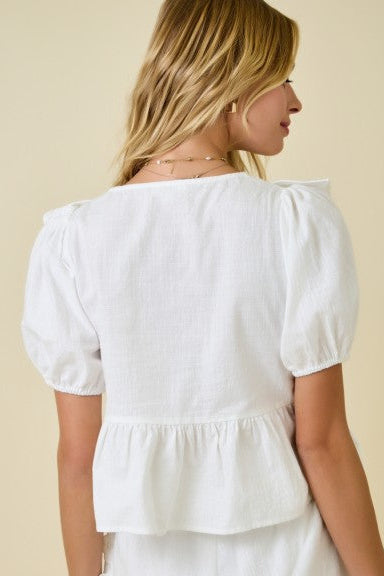 Eyelet Flower Embroidered Tie Front Blouse Top