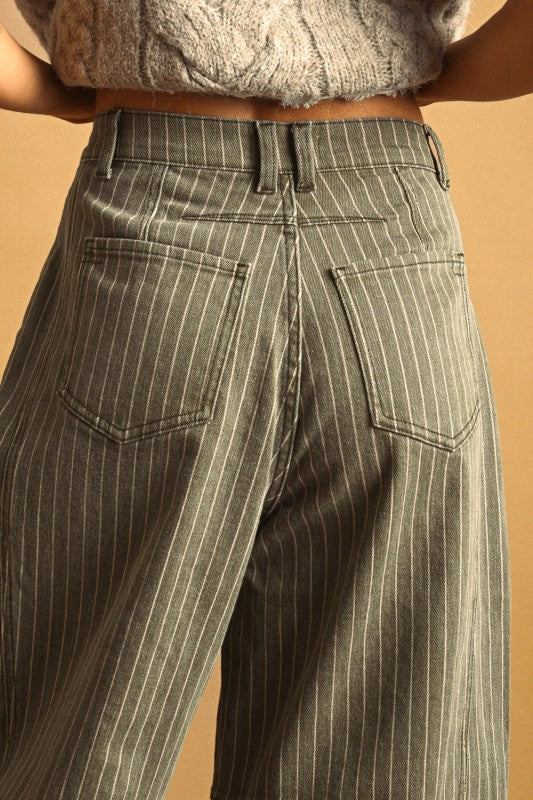 Pinstriped Pattern Olive Barrel Pants