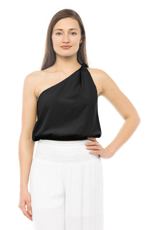 One Shoulder Knot Detail Black Top