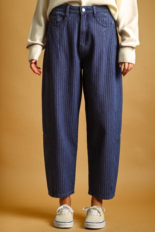Pinstriped Pattern Denim Blue Barrel Pants